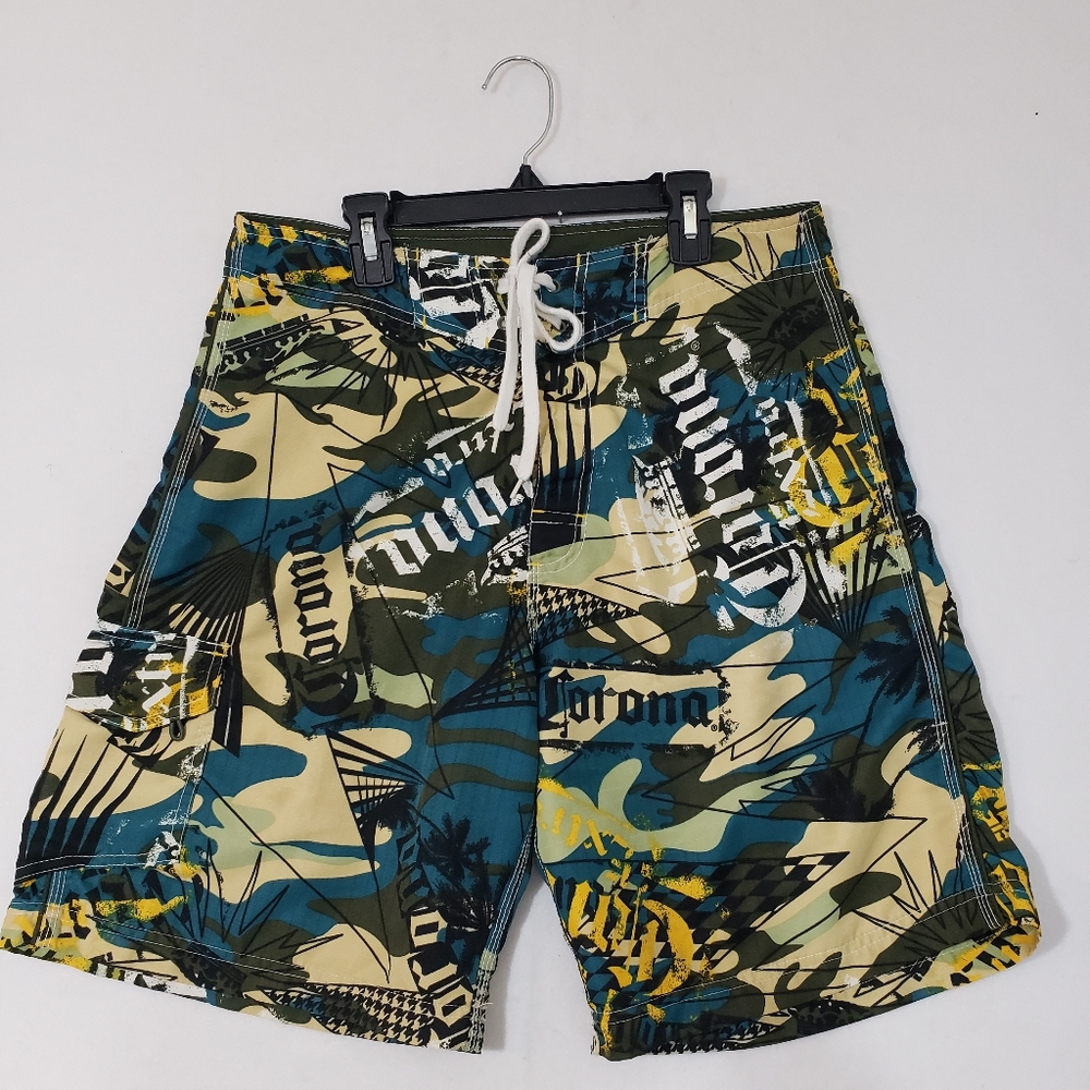 CORONA Extra MENS Shorts Surf & Turf TAN BLUE AND ARMY GREEN SWIM TRUNKS Medium - Picture 1 of 6